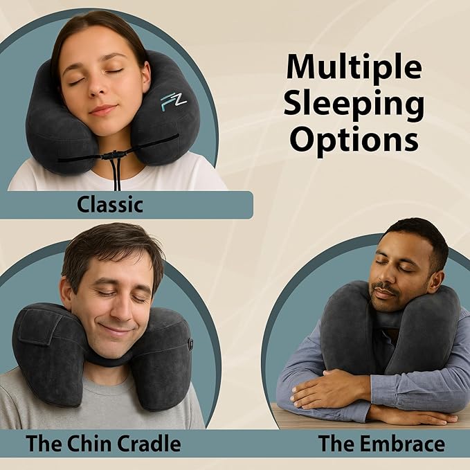 FLOWZOOM Air Inflatable Neck Pillow for Traveling on Plane - H-Shape Hooded Airplane Pillow with 5 Snooze Modes, Fast Inflation, Pressure Control, Cozy Clip-On Hood & Plushy Cover - Size L, Jet Black - Image 6