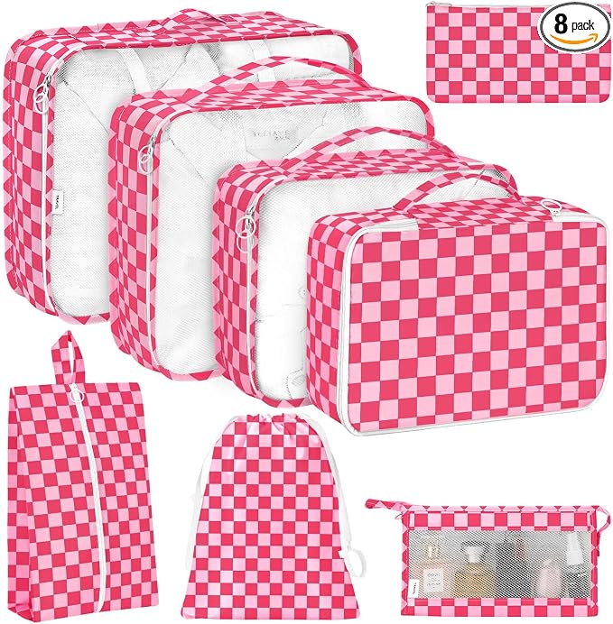 KPX 8 Set Packing Cubes for Travel, Luggage Packing Organizers Accessories Large Toiletries Bag for Clothes Shoes Cosmetics (8Set-Rose Checkered) by KPX
