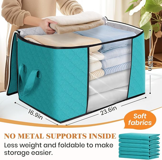 90L Clothes Storage, Foldable Thick Fabric Blanket Storage Bags | Foldable Containers with Zippers,Window and Handles for Organizing Bedroom, Closet, Comforter, Bedding,Dorm essentials - Image 2