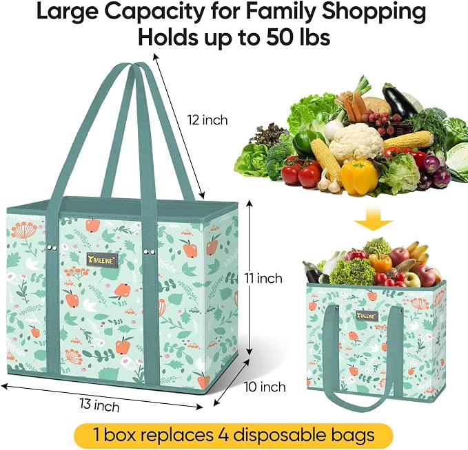 BALEINE 3PK Reusable Grocery Bags, Heavy Duty Shopping Tote Bag | 12'' Long Handles, Reinforced Bottom Keeps Upright, Fold Flat Storage, Water-Resistant Shopping Bag, Multiple Color Options - Image 3