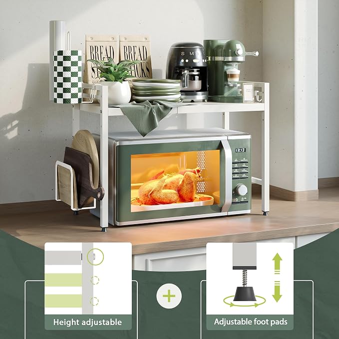2 Tier Expandable Microwave Stand countertop,Microwave Oven Rack | microwave shelf with Paper Towel and Chopping Board Holder, storage shelf for pans &appliances,8 Hooks,55lbs max load,White - Image 4