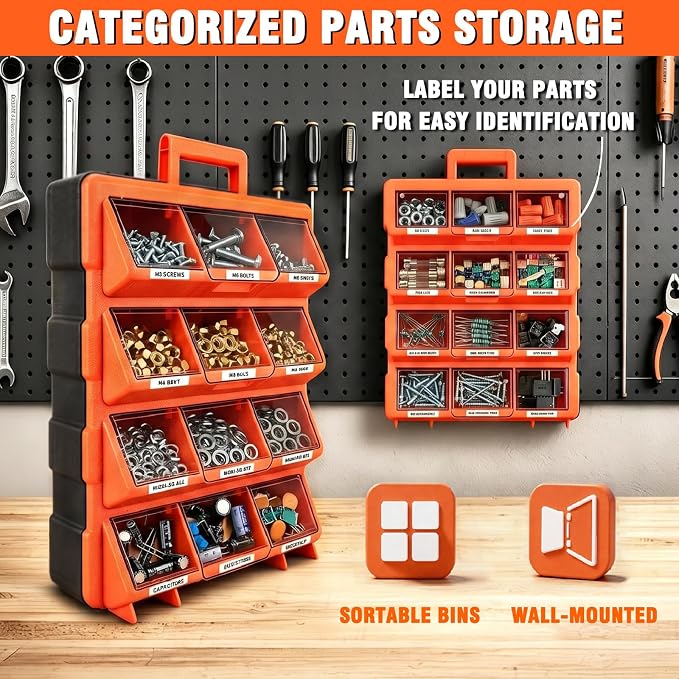 ULIBERMAGNET Tool Box Organizer,12-Compartment Portable Small Parts Organizer for Screws, Bolts,Nails,Washers, Wall-Mounted Hardware Storage Boxes for Garage, Truck, Workshop (Orange) - Image 5