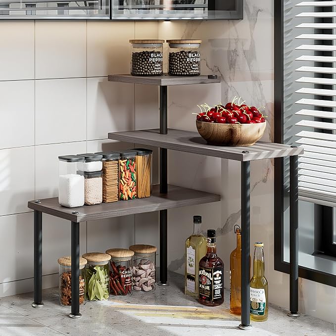 3 Tier Adjustable Countertop Organizer Corner Shelf | Countertop Organizer and Storage Rack for Kitchen, Bathroom, Over Sink, Coffee Bar, Spice Rack, Dresser Table by Dazioter
