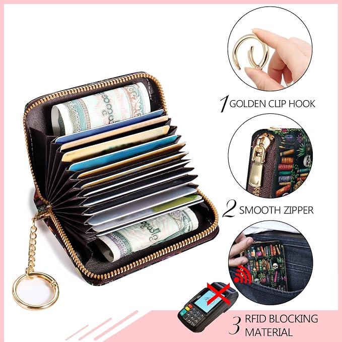 Blusabaca RFID Credit Card Holder Small Women Travel Wallet, Bookshelf Goth | Removable Keychain, Case with Zipper, Vegan PU Leather, Cash Coin Pocket, Business Accordion Purse, Ladies Female Gift - Image 5