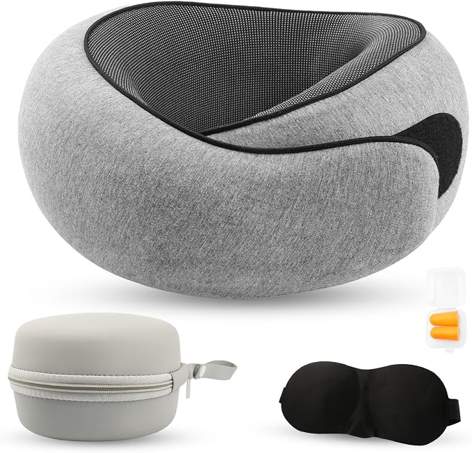 Neck Pillow Airplane, Travel Pillows for Airplanes, Memory Foam Adjustable Portable Neck Pillow for Traveling, Car Rides, and Home Use (Gray) by VOOMIKON