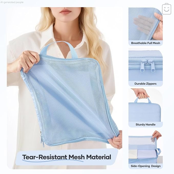 Veken 9/11 Set Compression Packing Cubes Garment Bags for Travel Essentials,Compressible Expandable Luggage Organizer Bags for Clothing,Space Saver Bags with Over 1000 pcs of Mesh Holes(Light Blue) - Image 5