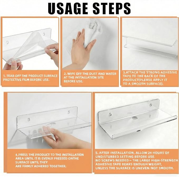 Clear Acrylic Floating Shelves, No Drill Wall Shelves, 2 Pack | Clear Acrylic Design; 2 Pack Wall Shelves; Adhesive or Screw Mount; No Drill Option; 12 lb Max Load - Image 3