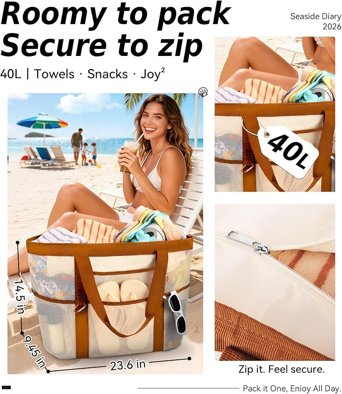 Chic Cruise Essentials Beach Bag for Women, Large Zip Top Tote, 11 Pockets | 40L+ Spacious;Mesh × Canvas;Zipper Pouch;Secure Zip-Top;Sand-Resistant Base - Image 3
