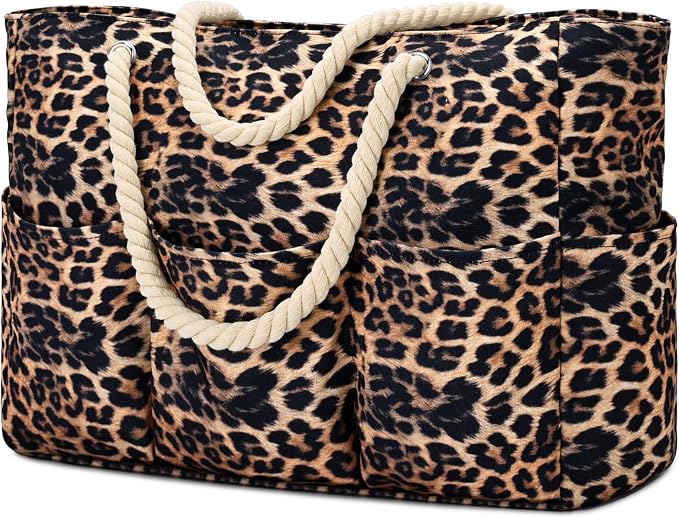 Becokan Beach Bags for Women Canvas Large Beach Tote Bag Zipper Waterproof Sandproof Foldable Swim Pool Bag with 7 Pockets - Image 8