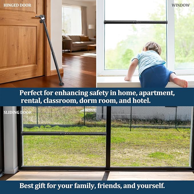 3-in-1 Door Security Bar, Heavy-Duty Metal Rod Sliding Patio Door Security Bar with 2.8" Non-Slip Base, 16"-41.7" Adjustable Door Barricade Security Bars for Doors & Windows,Home,Renters,Apartments - Image 2