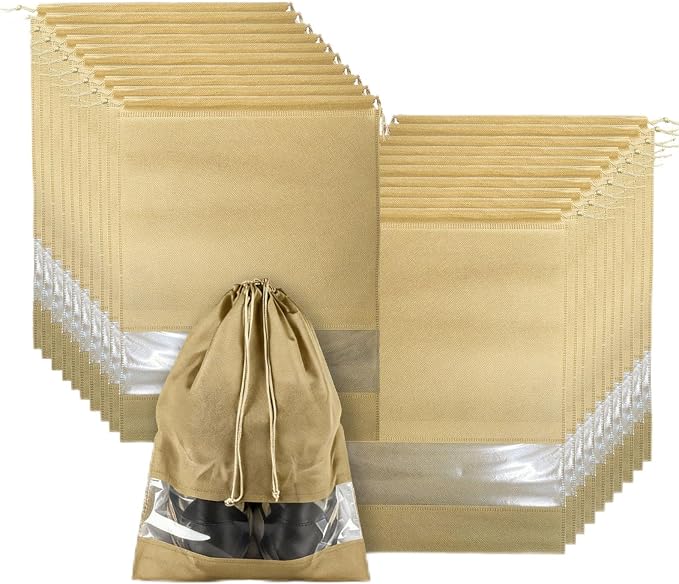 20 Pack Shoe Bags for Travel, 17" x 12.6" Drawstring Shoe Organizers with Clear Window, Breathable Non-Woven Dustproof Pouches for Luggage & Closet (khaki) by Unknown