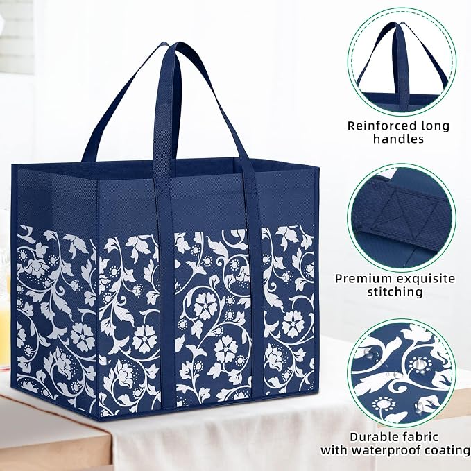 Reusable Grocery Bags Foldable Tote Bags bulk Shopping Bags 6-Pack, Blue | Reinforced Handles Shopping Bags for Groceries Heavy Duty Kitchen Reusable Grocery Bags with Waterproof Coating - Image 5