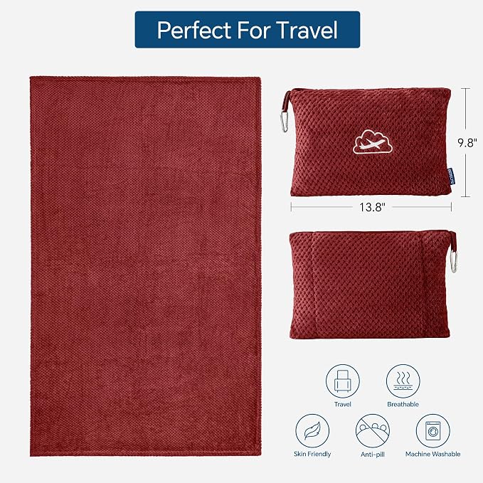 BEDELITE Travel Blanket with Bag, Jacquard Fleece Blanket 65"x40", Burgundy | Ultra-soft Airplane Blanket, Luggage Sleeve & Backpack Clip, Travel Essentials for Women, Foldable as Pillow for Long Flight - Image 3