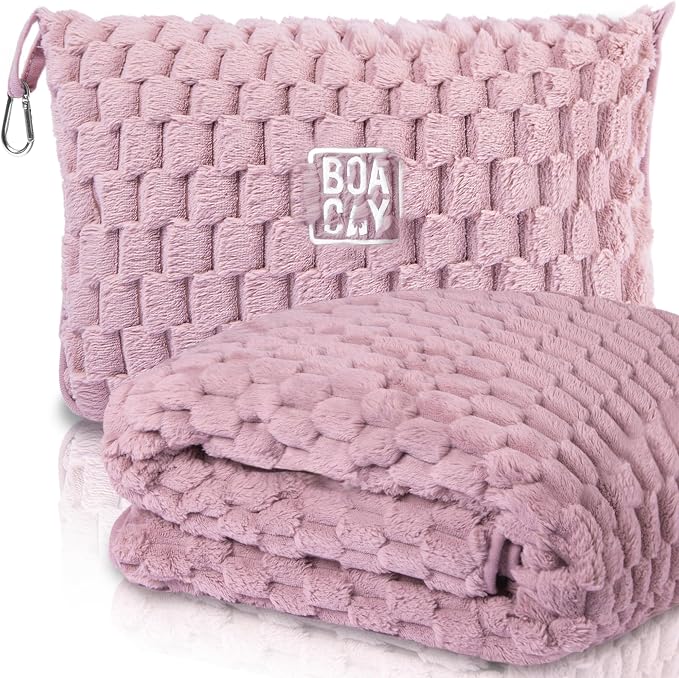 Packable Travel Blanket for Airplane, Car - Compact Office Blanket - Portable Pillow for Adults, Kids with Case, Luggage Sleeve, Backpack Clip by BOACAY