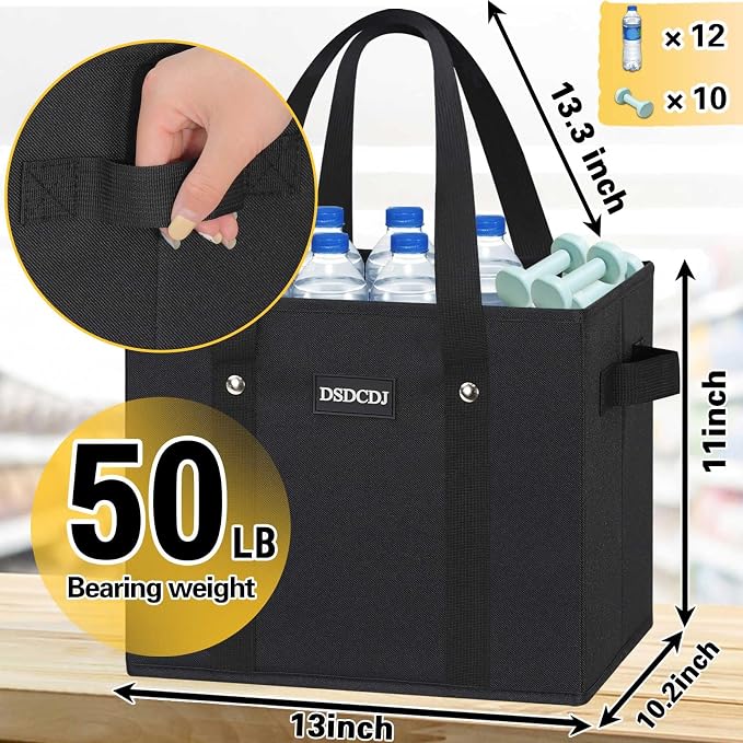 Reusable Grocery Bags 3 Pack - 800D Heavy Duty Oxford Shopping Bags with Metal Rivet Reinforced Handles & Sturdy Bottom, Foldable Grocery Totes, Holds 65+ lbs, Black - Image 4