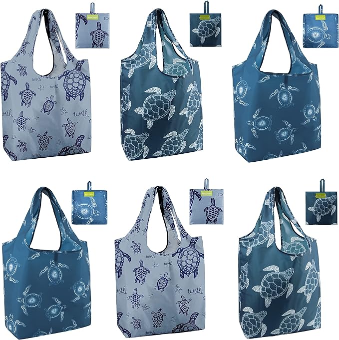 BeeGreen Sea Turtle Reusable Grocery Bags Large Tote Bag With Handles, Bulk Gift Foldable Shopping Bags for Women 6 Pack, Cute Cloth Bag, Heavy Duty, Washable For Beach, Holiday, Travel And Groceries​ by BeeGreen