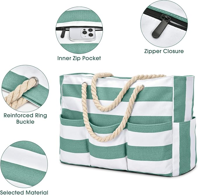 Becokan Beach Bags for Women Canvas Large Beach Tote Bag Zipper Waterproof Sandproof Foldable Swim Pool Bag with 7 Pockets - Image 4
