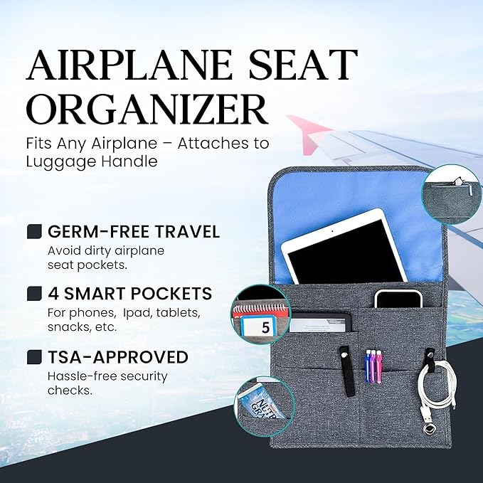 Airplane Pocket Organizer | Tray Table Cover | In Flight Seat Back Organizer Bag | Commuter Essential Travel Bag | Media Pouch For Flying | Travel Gift | Attaches To Luggage - Image 3