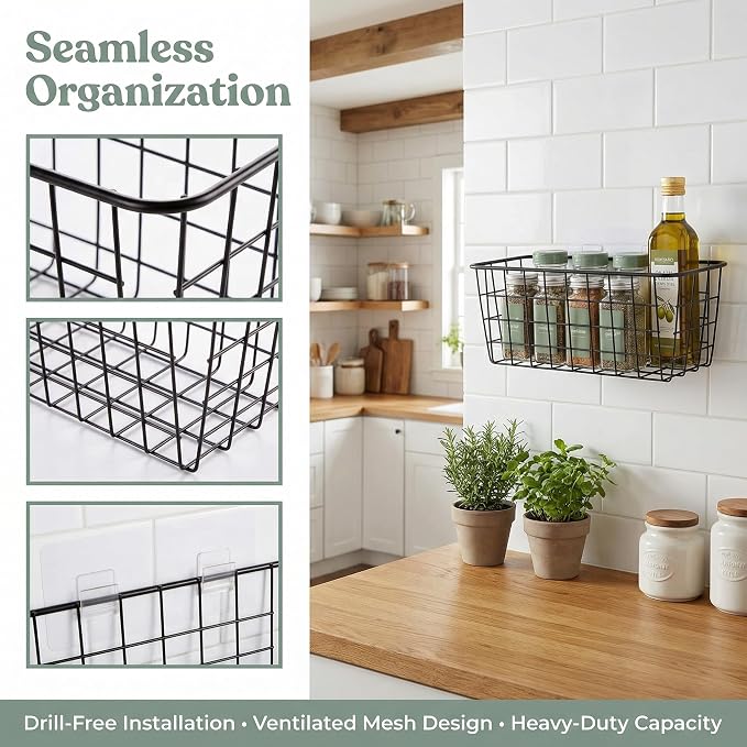 2 Set Adhesive Hanging Wall Basket Inside Cabinet Door Organizer,Wall Storage Basket-No Drilling Adhesive wall Basket for Cupboard Door,Space-Saving Small Hanging Baskets for Wall Mount Storage,Black - Image 8