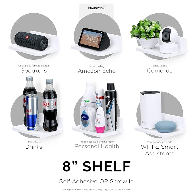 BRAINWAVZ 8” Shelf Wall Mount for Speakers, Security Cameras, Baby Monitors, Plants Toys & More, Floating Shelves, Adhesive & Screw-in (White) - Image 6