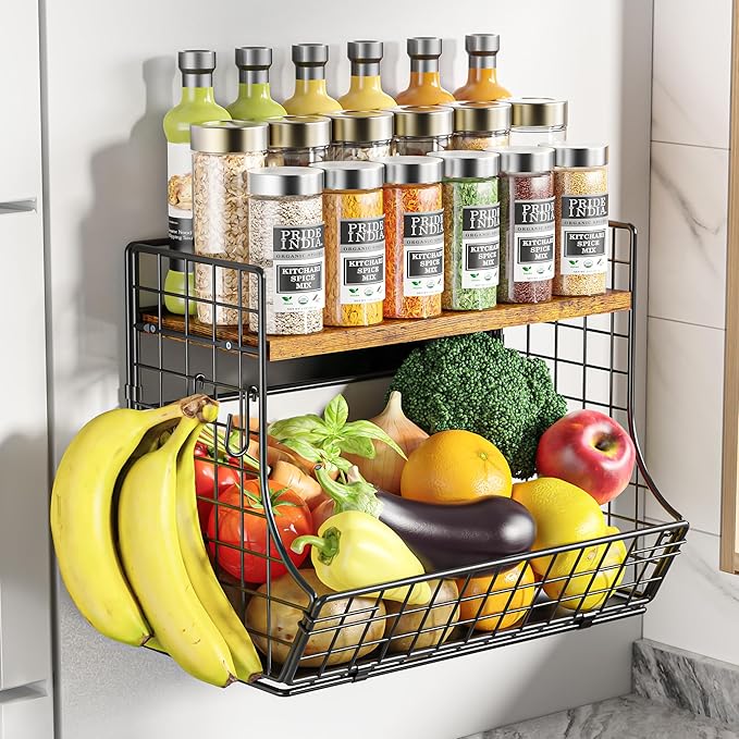 Magnetic Shelf for Fridge with Wood Lid, Fruit Potato and Onion Storage Bins, Pantry Organizers and Storage, Strong Magnetic Spice Rack for Refrigerator, Kitchen Counter and Laundry Room by Unknown
