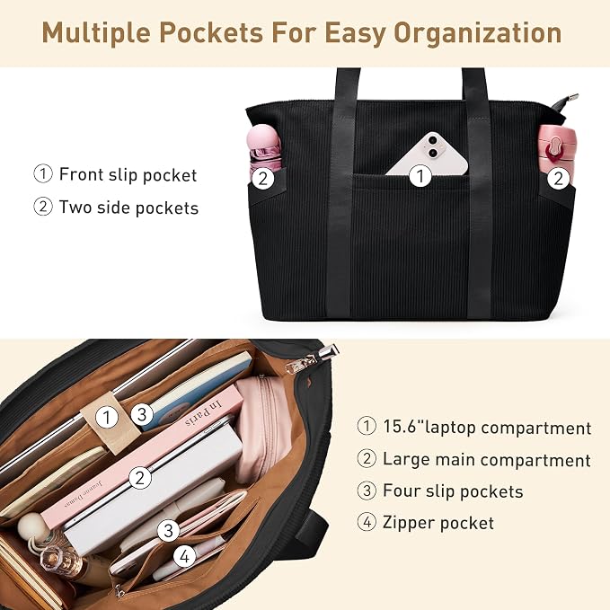 Tote Bag for Women, Casual Hobo Handbags with Compartments | Water Repellent Corduroy Large Capacity Fits 15.6" Laptop Zipper Closure for Travel Work School - Image 8