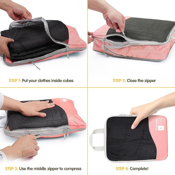 Compression Packing Cubes 8 Set, Dual Zipper Compression Packing Cubes for Travel, See-Through Mesh Packing Bags for Suitcases, Compression Travel Cubes with Shoe Bag (Pink) - Image 7