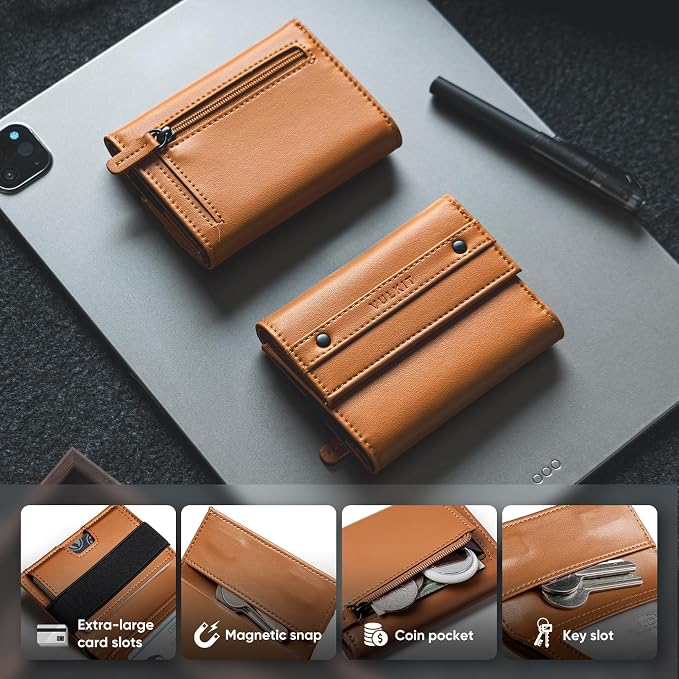 VULKIT Mens Wallet RFID Blocking Leather Compact Trifold with Zippered Coin Pocket, ID Window and Business Card Holder Brown - Image 5