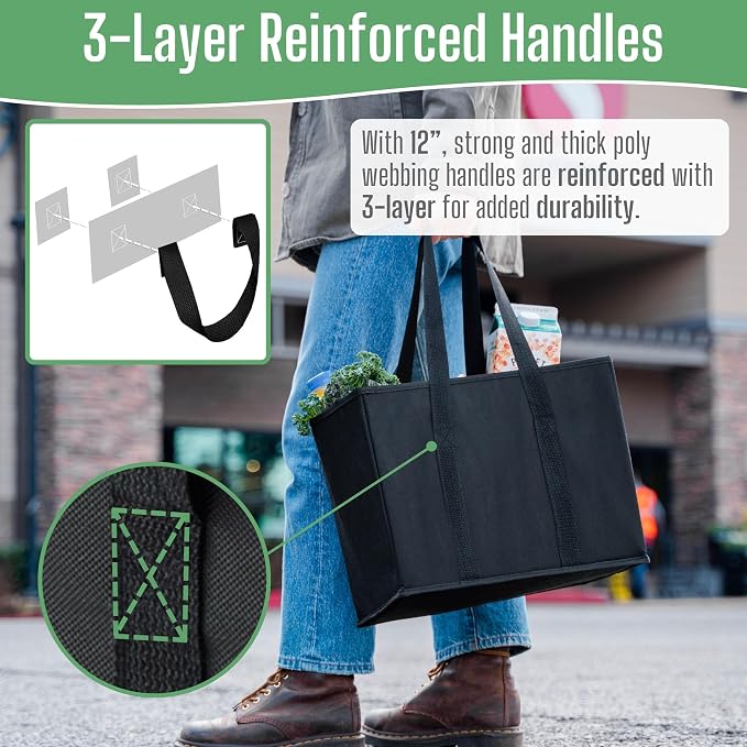 VENO 3 Pack Reusable Grocery Shopping Bags Utility Tote w/Sturdy Handles | Heavy Duty Storage Box with Hard Bottom, Foldable Picnic Basket for Groceries Shopping Cart Trunk Organizer(Black, 6 Gallon) - Image 3