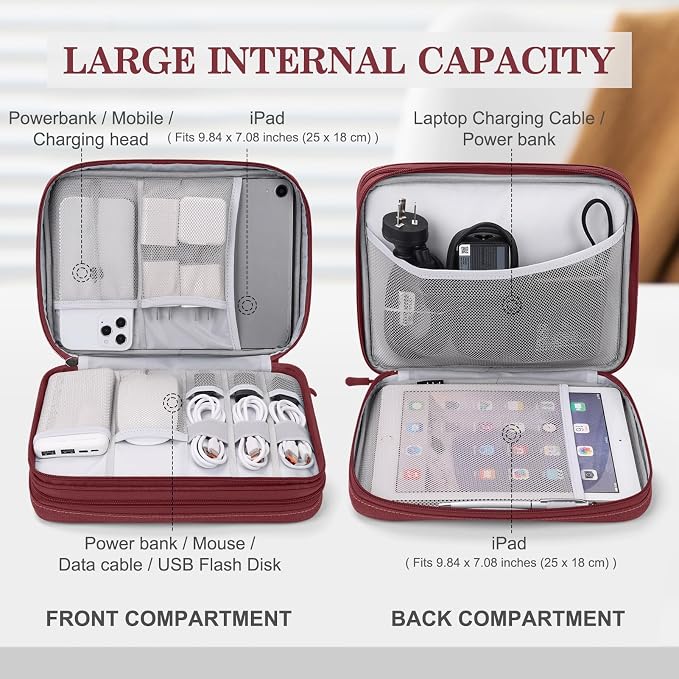 FYY Electronic Organizer, Travel Tech Pouch Bag, Extra Large, Wine Red | Wrist Strap, Waterproof, Double Layers Electronics Travel Case for iPad, Cord, Laptop Charger, Daily and Business Trips Use - Image 3