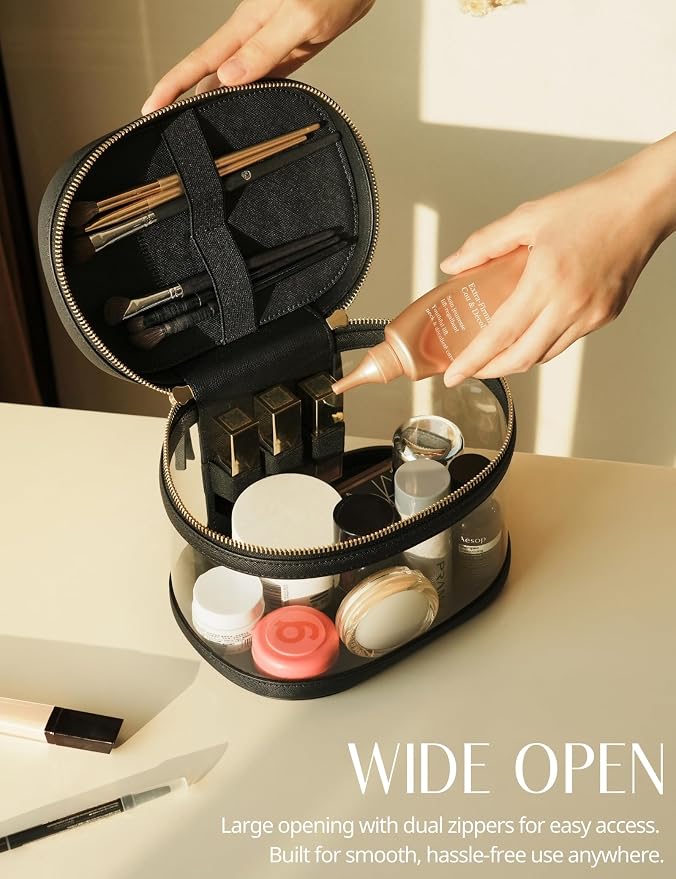Travel Makeup Bag Clear Compact Make Up Vanity Case with Brush Storage and Top Handle, Toiletry Makeup Case Traveling Leather Cosmetic Bag, Portable Medium Large Sized Train Case, Black - Image 3