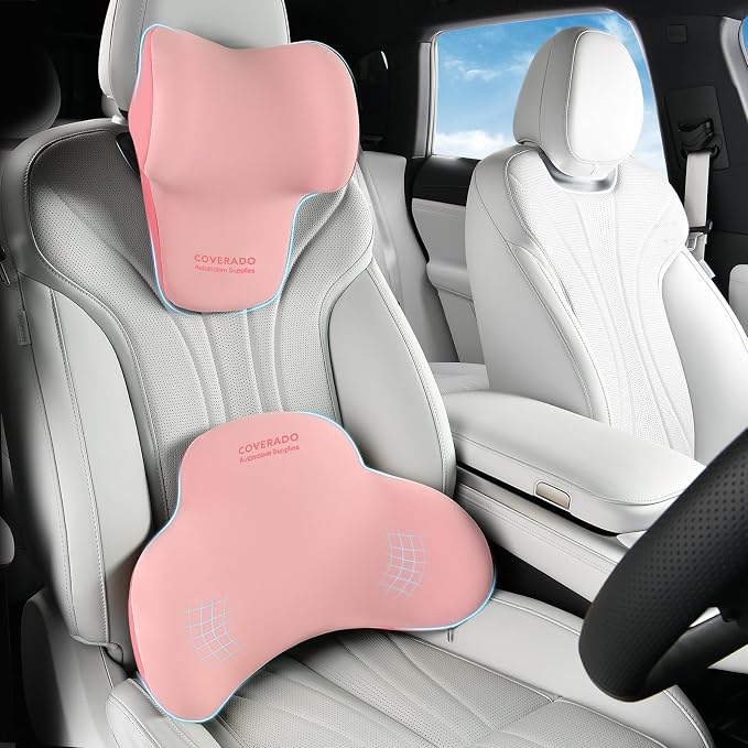 Coverado Lumbar Support and Headrest Pillow for Car, Memory Foam Ergonomic Head Neck Support Pillow for Driving Seat, Back Support and Pain Relief, Seat Cushion for Car, Driver, Office by COVERADOAUTO