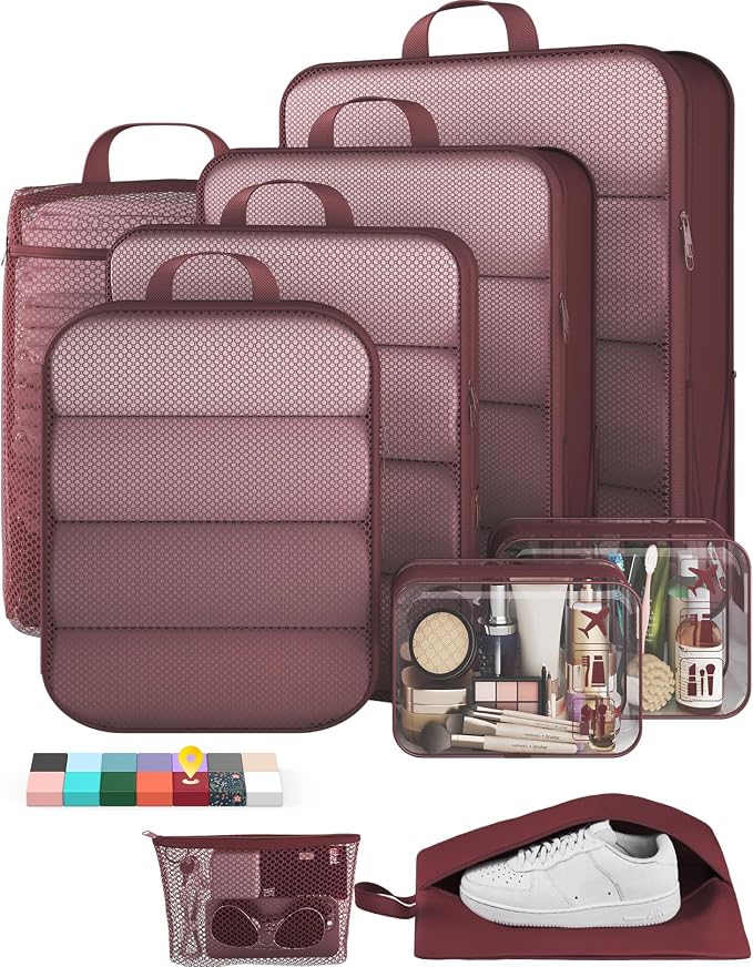 Veken 9/11 Set Compression Packing Cubes Garment Bags for Travel Essentials,Compressible Expandable Luggage Organizer Bags for Clothing,Space Saver Bags with Over 1000 pcs of Mesh Holes(Wine Red) by Veken