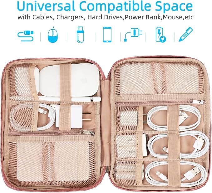 NISHEL Travel Cord Organizer, Electronic Cable Accessories Storage Bag | Bag for chargers, cables, phones, hard drives, USB devices and SD cards, ideal for travel and daily use, Rosewood-Pink - Image 2