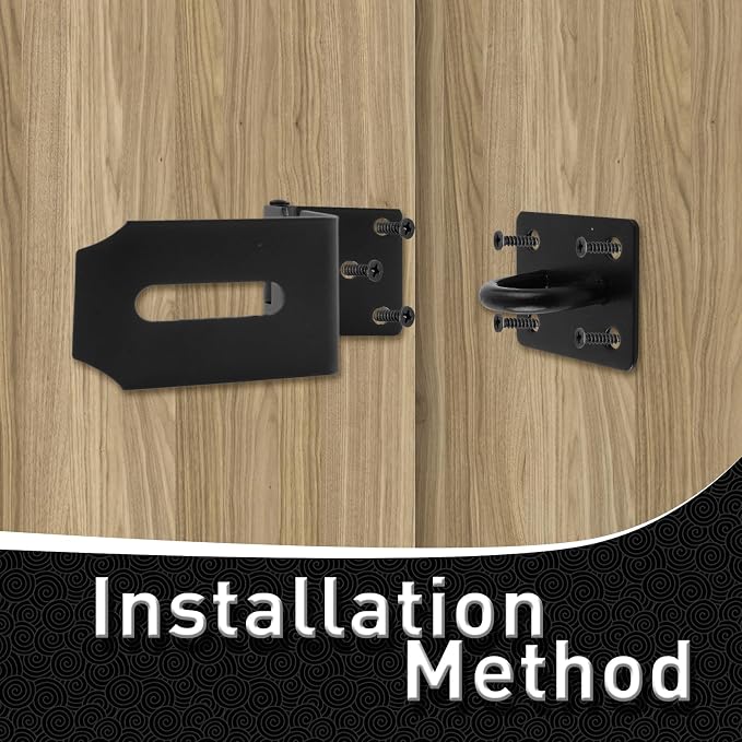 HOWDIA 4 Inch Door Lock Latch Padlock Hasp Set, 90° Latch Lock with Screws and Padlock Stainless Steel Safety Right Angle Padlock Hasp Latch Security Door Clasp Hasp for Shed/Gate/Storage Lock(Black) - Image 9