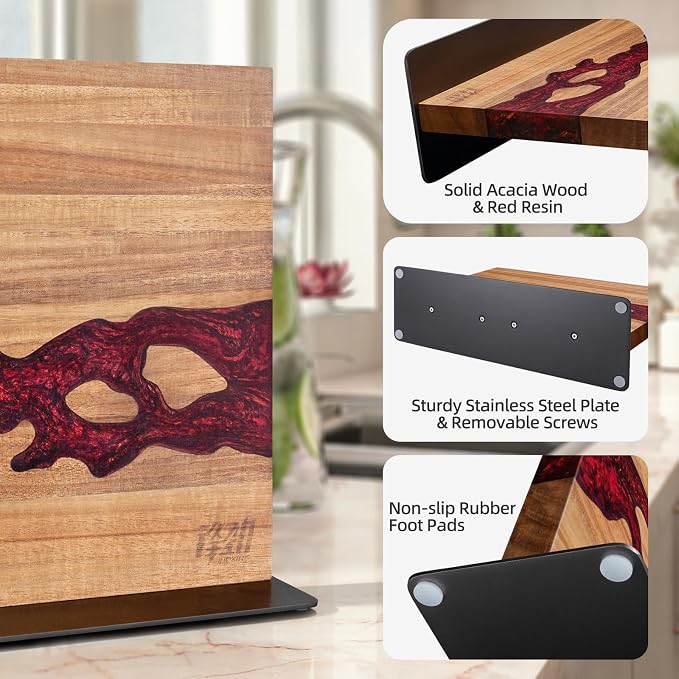 Magnetic Knife Block, Double Sided Holder, Powerful Magnet Kitchen Storage, Acacia Wood and Red Resin (12 x 10 Inches, Without Knives) - Image 6