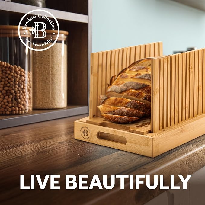 Bambüsi Bread Slicer for Homemade Bread - Upgraded Adjustable Bamboo Bread Cutter Board, Foldable Slicing Guide with Crumb Tray for Sourdough, Artisan Loaves, Bagels, Cakes, Bakery Kitchen Gadget Gift - Image 6