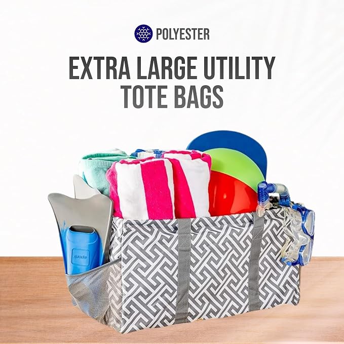 Extra Large Utility Tote Bag, Oversized Collapsible Reusable Wire Frame Rectangular Canvas Basket With Two Exterior Pockets For Beach, Pool, Laundry, Car Trunk, Storage - Geo Grey - Image 7