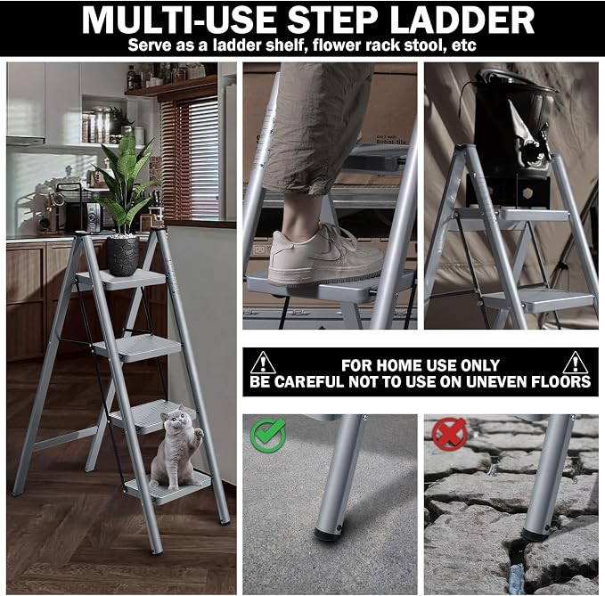 4 Step Ladder, Steel Folding Step Stool with 330lbs Heavy Duty | Anti-Slip Wide Pedals | 1.9" Slim Fold | Ideal for High Ceiling, Garage Storage, Window Cleaning & Hanging Curtains - Image 5