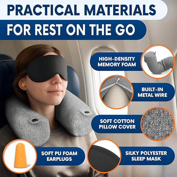 Memory Foam Neck Pillow Travel for Airplane, Twist & Bendable | Includes Eye Mask, Earplugs & Washable Cotton Cover, Adjustable Long-Flight Airplane Pillow for Neck, Chin & Lumbar Support - Image 5