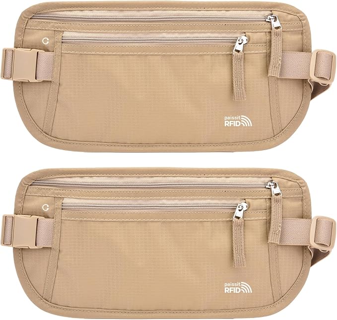 Unisex Money Belt For Men and Women, Slim Passport Holder RFID Blocking Travel Essentials Pouch with Adjustable Strap Small Waist Pouch for Workout Running Travelling Hiking (Beige 2 Packs) by paissit
