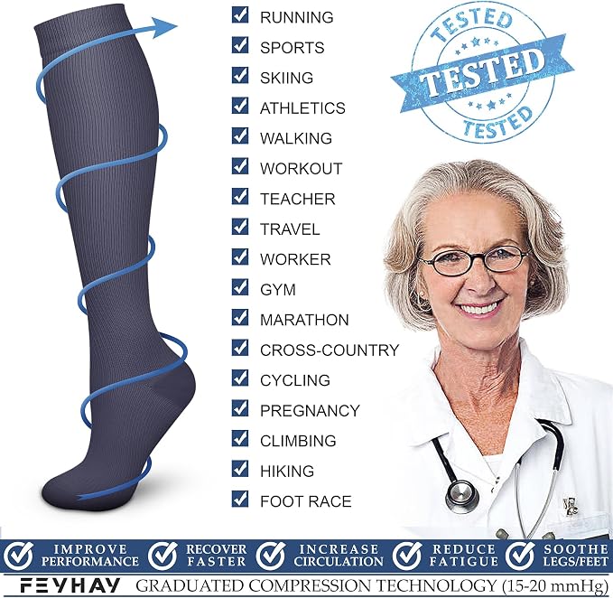 FEYHAY Copper Compression Socks (3 Pairs) 15-20 mmHg Circulation is Best Athletic & Daily for Men & Women, Running, Climbing - Image 6