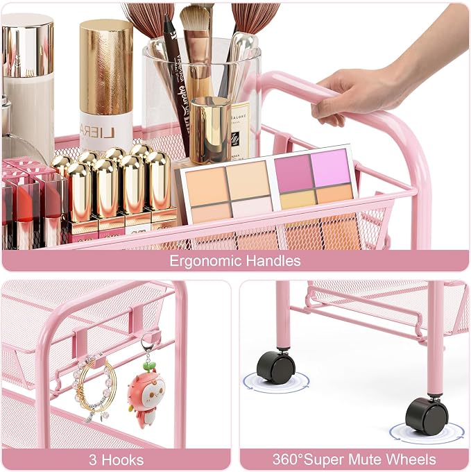 TOOLF 3 Tier Rolling Cart, Metal Utility Storage Cart with Wheels, Pink | 3 Hooks, Screwless Assembly, Trolley Organizer for Bathroom, Kitchen, Office, Nursery, Dorm, Laundry Room - Image 4