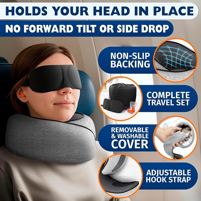 Travel Neck Pillows for Airplanes, 4-in-1 Set, 360° G-Shape | Memory Foam Airplane Pillow for Sleeping on Long Flights, Car & Train; Washable Cover, 3D Eye Mask, Earplugs & Bag (Updated) - Image 4