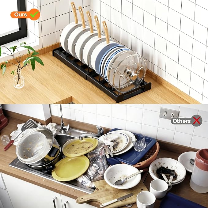 Nigelia Pots and Pans Organizer for Under Cabinet 22" Expandable Food Storage Container Lid Organizers with 10 Adjustable Dividers Pot and Pan Lid Holders Rack Inside Cabinet&Kitchen Countertop(Black) - Image 6