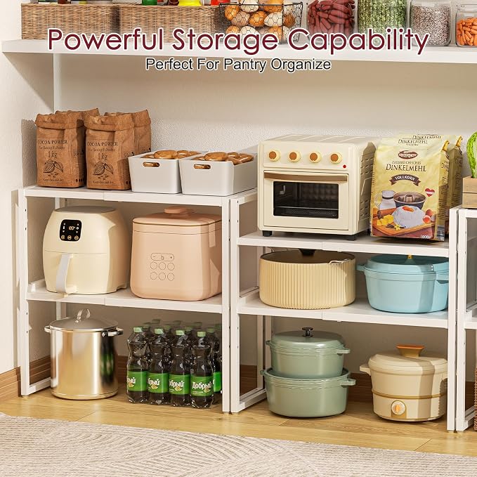 Expandable Kitchen Storage Shelves,100LBS Heavy Duty Metal Shelving Unit For Pot Pans Appliance,Adjustable White Small Shelf Rack Organizer For Kitchen Countertop Under Cabinet Closet Garage Pantry - Image 2