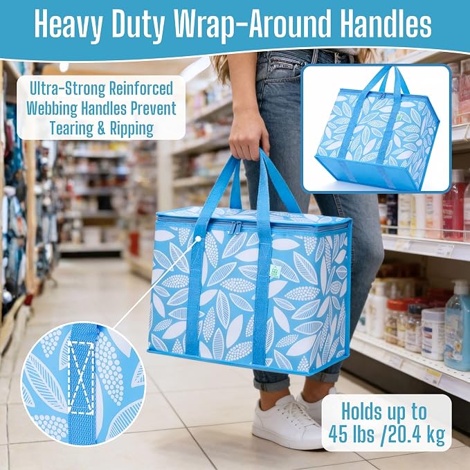 VENO 3 Pack Insulated Cooler Bag Reusable Grocery Bag for Food Delivery | Heavy Duty Large Collapsible Cooler Shopping Tote w/ Zippers, Foldable, Stands Upright for Camping (Spring Breeze, 3 Pack) - Image 4
