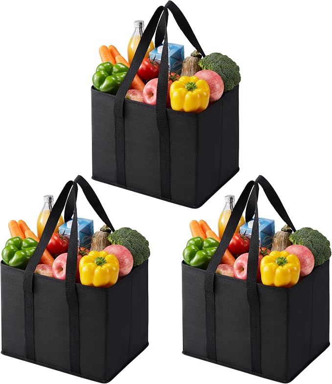 VENO 3 Pack Reusable Grocery Shopping Bags Utility Tote w/Sturdy Handles | Heavy Duty Storage Box with Hard Bottom, Foldable Picnic Basket for Groceries Shopping Cart Trunk Organizer(Black, 6 Gallon) by Veno