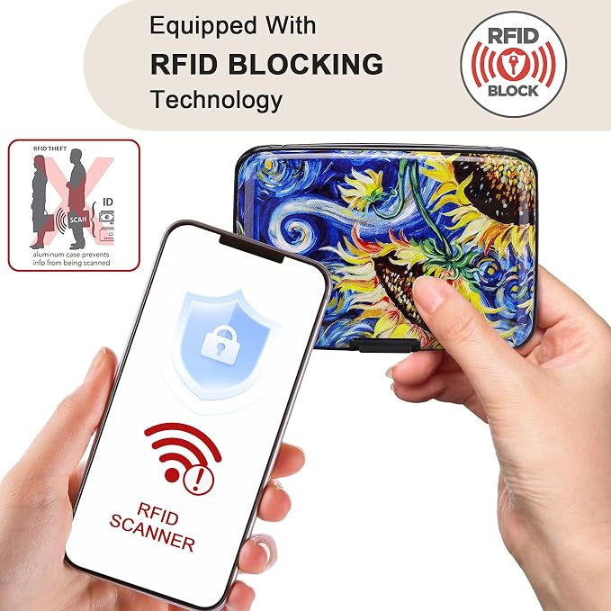 Mini RFID Aluminum Wallet Credit Cards Holder Business Card Case Metal ID Case for Men Women (Sun flower) - Image 2
