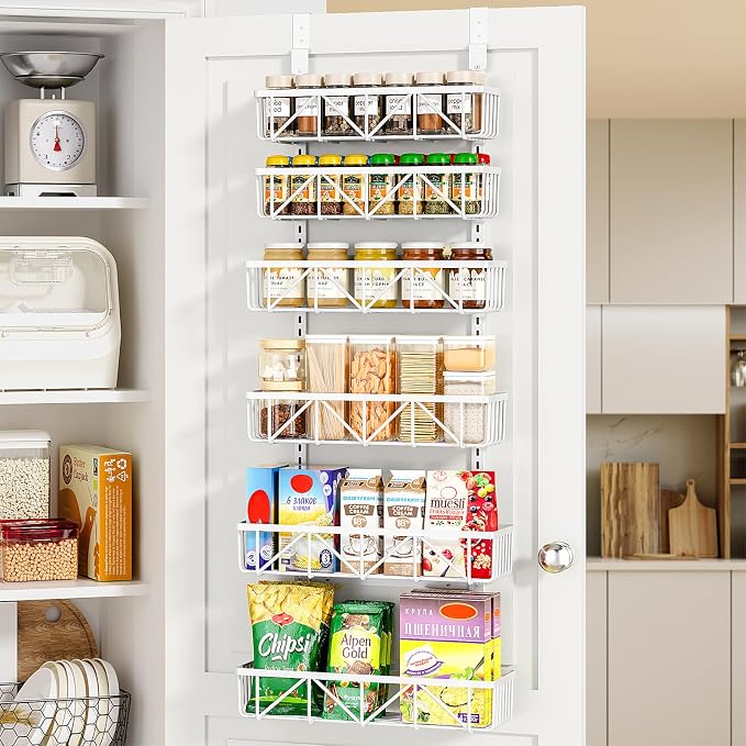 Delamu Adjustable Over the Door Pantry Organizer, 6-Tier Metal Pantry Organization and Storage for Kitchen, Hanging Spice Rack Seasoning Shelves, Cabinet Door Organizer for Easy Install, 16" by DELAMU